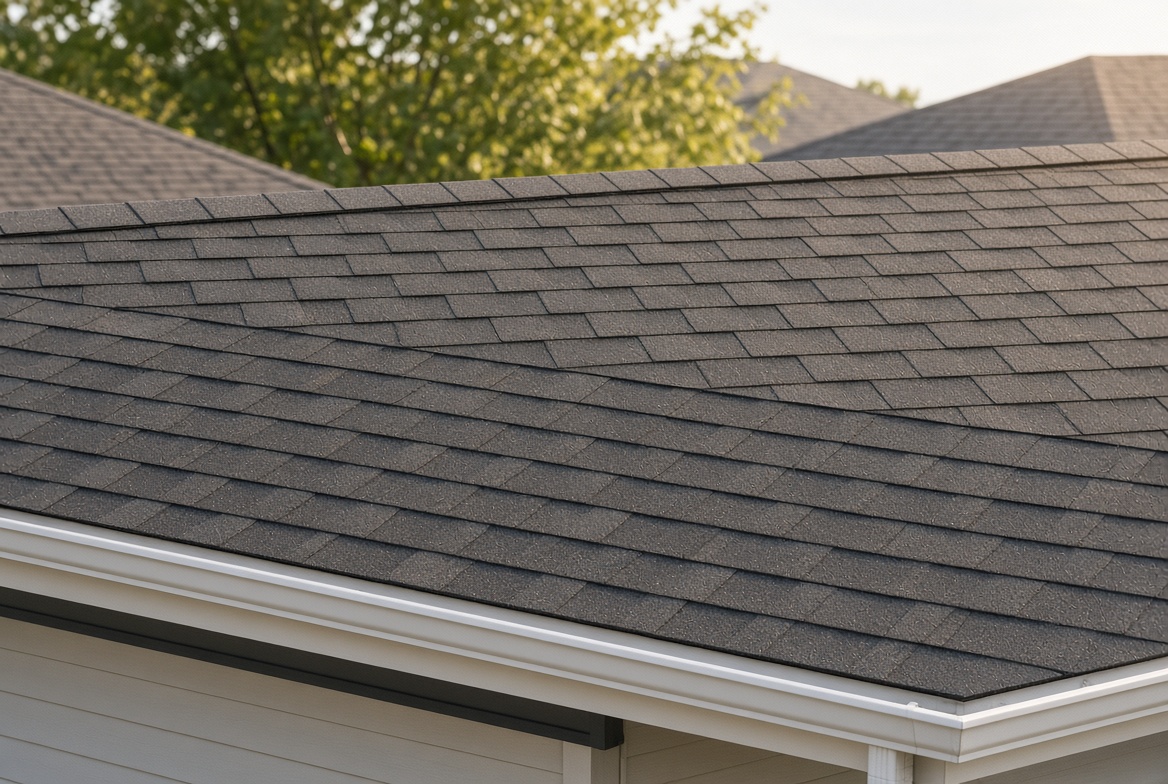 Close view of dark asphalt shingles and a white gutter on a house